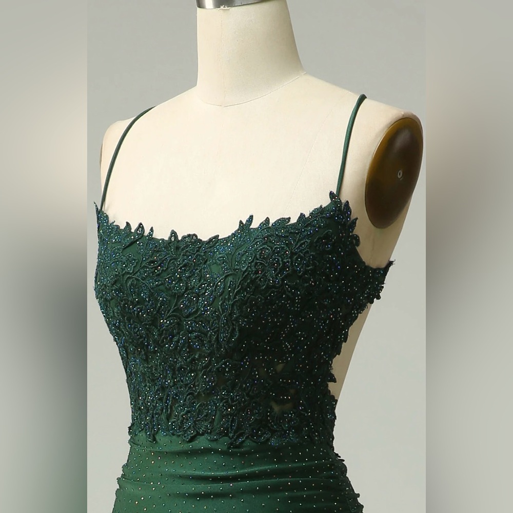 Hellymoon Dark Green Mermaid Spaghetti Strap Long Prom Dress w/ Appliqués Size 2 - Picture 3 of 16